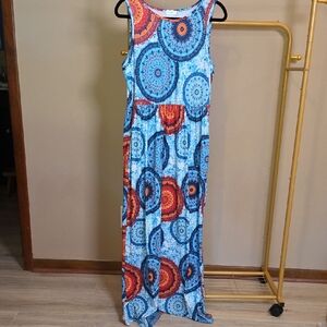Sleeveless Blue Maxi Dress with Orange Mandala Print